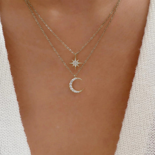 Diamond Star And Moon Necklace
